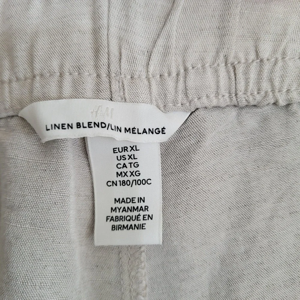 H &‎ M Linen Blend Beige Wide Leg Pants Elastic Waist Women's XL Pockets Boho